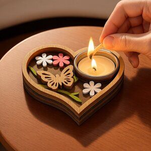 Heartfelt Glow Wooden Tealight Holder – Butterfly & Bloom Design